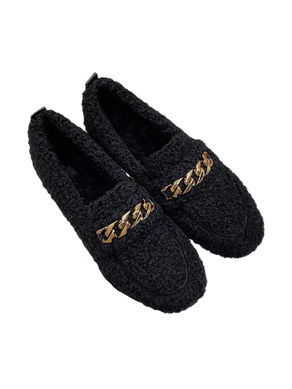 Black Bouclé Moccasins with Gold Chain Accent